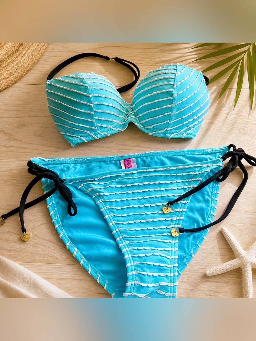 Betsey Johnson Aqua Bikini Set M Scallop Stripe Tie Side Gold Charm Swimwear